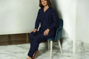 Eliz bayan lacivert puantiyeli pijama takımı