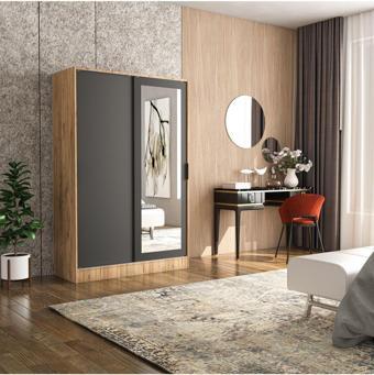 Tumblera Berceste Antrasit Atlantik Çam 2 Sürgü Kapaklı Aynalı 8 Bölmeli Dolap Gardırop 120x48 cm
