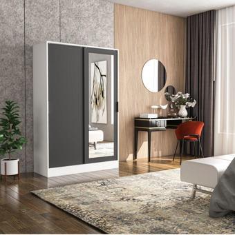 Tumblera Berceste Antrasit Beyaz 2 Sürgü Kapaklı Aynalı 8 Bölmeli Dolap Gardırop 120x48 cm