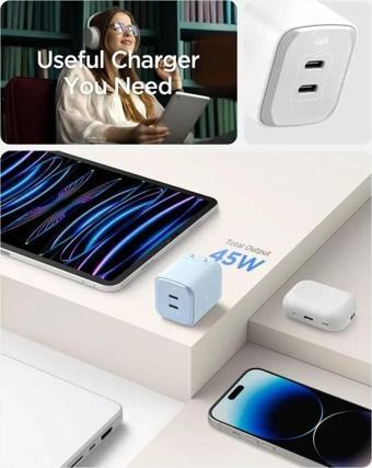 Spigen GaN III 452 45W 2 Portlu Kompakt Katlanabilir USB Şarj Cihazı Açık Mavi