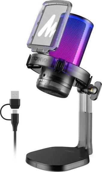 MAONO USB RGB Işıklı Kondenser Oyun Mikrofonu Black Crystal
