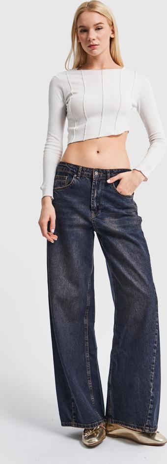 Kadın Kot Tint Rengi Düşük Bel Süper Wide Leg Fit Denim Pantolon