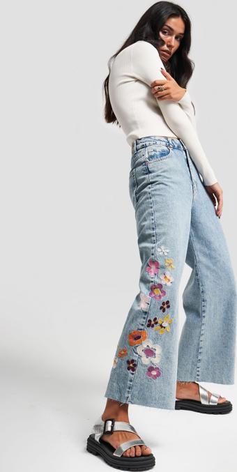 Kadın Snow Kot Rengi Çiçek Nakışlı Culotte Fit Tasarım Denim