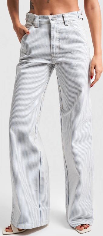 Kadın Çizgili Mavi Renk Kumaş Kemer Detaylı Wide Leg Tasarım Denim