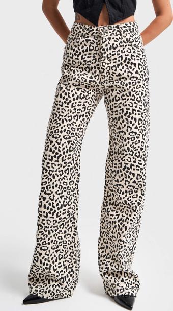 Kadın Leopar Renk Straight Fit Orta Bel Denim Pantolon