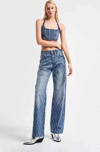 Kadın Mavi Kot Rengi Önü Komple Taşlı Straight Fit Orta Bel Denim