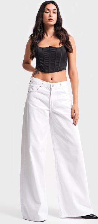Kadın Beyaz Renk Palazzo Fit Bol Kesim Denim Pantolon