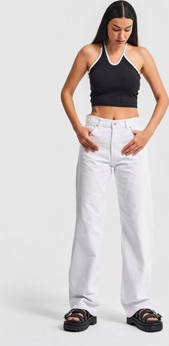 Kadın Beyaz Renk Loose Fit Orta Bel Denim Pantolon