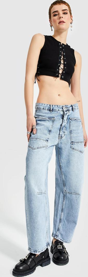 Kadın Snow Kot Rengi Carrot Fit Düşük Bel Cep Detaylı Denim