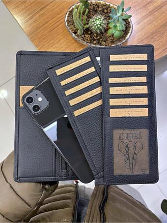 Fil Deri Telefon Bölmeli Cüzdan Kartlıklı Çok Bölmeli Hakiki Deri Siyah Renk 2027
