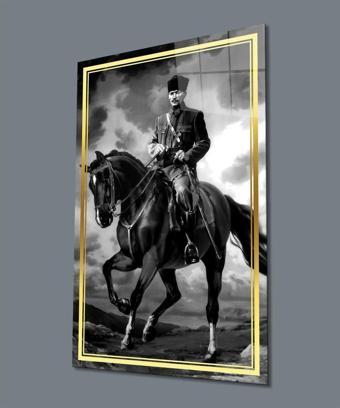 İdealizbiz Atatürk At Üstünde Siyah Beyaz Cam Tablo Hediyelik Büyük Tablo Ev Ofis Dekoru