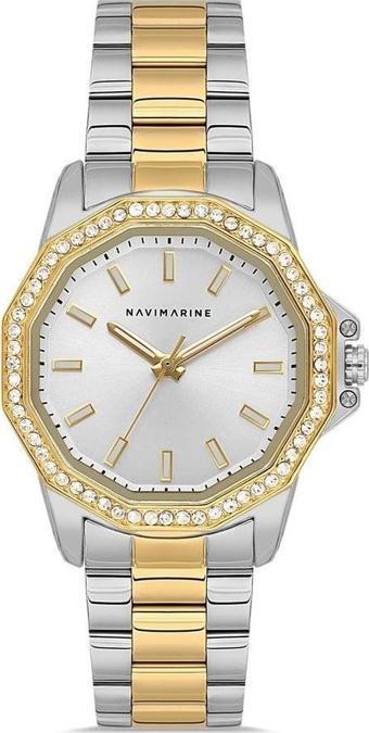 Navimarine NVM134-D1 Taşlı Altın Sarı Gümüş Renk Çelik Kadın Kol Saati