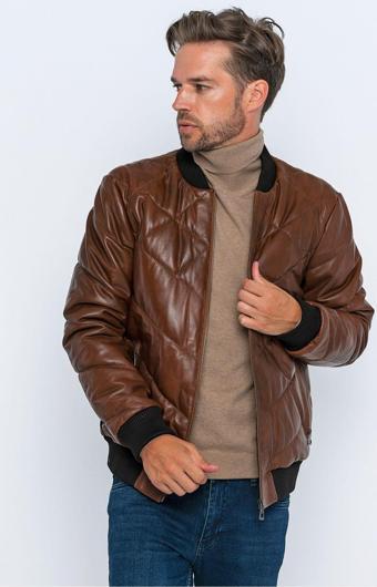 Basics&More Erkek Kestane Bomber Deri Mont-E3001 Kestane 2XL