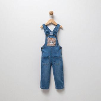 Overdo Kedi Nakışlı Unisex Mavi Kot Çocuk Salopet