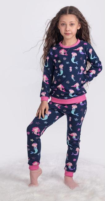 Cim&Cim Deniz Kızı Çocuk Pijama Takımı 3-7 Yaş Lacivert 6-7 Yaş