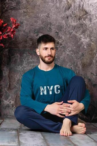 Sude Erkek Süprem Bisiklet Yaka İnce Uzun Kol Pijama Takımı P300/98 - 1 Adet Petrol-L