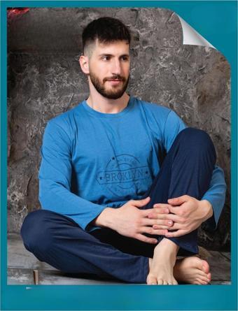 Sude Erkek Süprem Bisiklet Yaka İnce Uzun Kol Pijama Takımı A300/99 - 1 Adet Mavi-M