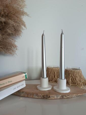 İnesit Design 2'Li Beyaz Betondan Şamdan Mumluk - Şamdan Mumluk - Beyaz Uzun Mumluk - Minimal Şamdan Mumluk.
