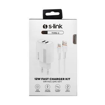 S-link SL-EC50 (SL-EC50T) 5V 2400MA Type-C Kablolu 2 USB Çıkışlı Beyaz Ev Şarj Adaptörü