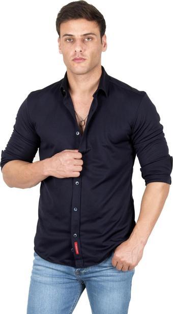 DeepSEA Erkek Lacivert Slim fit Örme Gömlek 2309480