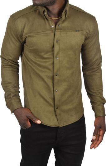 DeepSEA Erkek Haki Likralı Çıtçıtlı Kırışmayan Süet Kumaş Slim Fit Cepsiz Mevsimlik Gömlek 2500556
