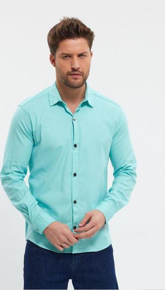 DeepSEA Erkek Turkuaz Slim Fit Likralı Uzun Kollu Çıt çıtlı Düz Gömlek 2403013