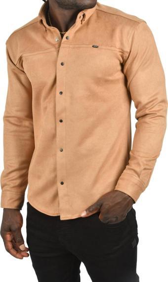 DeepSEA Erkek Camel Likralı Çıtçıtlı Kırışmayan Süet Kumaş Slim Fit Cepsiz Mevsimlik Gömlek 2500556