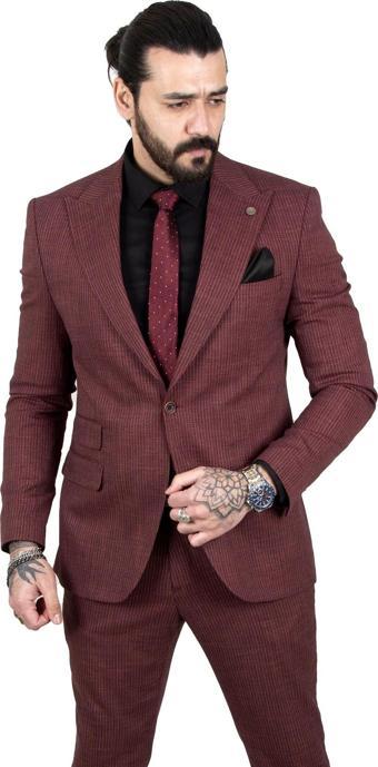 DeepSEA Erkek Bordo Çizgi Desenli Kırlangıç Yaka Slim Fit 2'li Takım Elbise 2303089