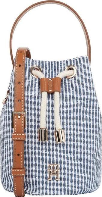 Tommy Hilfiger Premium Kadın Çizgili Mavi Plaj Çantası