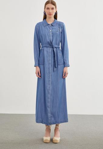 Denim Payet Detaylı Mavi Pardesü 13508