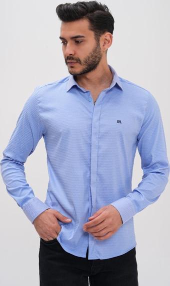 Basics&More Erkek Desenli Regular Gömlek Mavi 3XL