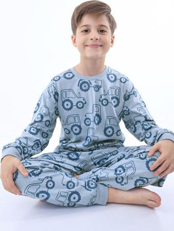 Mavi Traktör Desenli Erkek Çocuk Pijama Takımı