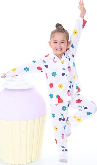 Colorful Fruits Desenli Düğmeli %100 Pamuk Kız Çocuk Pijama Takımı