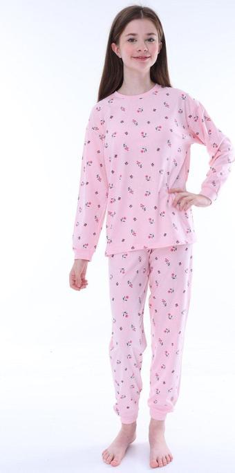 Minimal Çiçek Detaylı Pembe Kız Çocuk Pijama Takımı