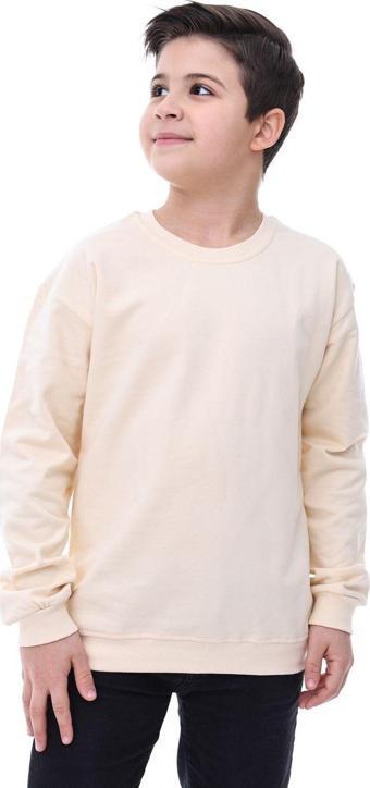 Basic Bisiklet Yaka Şardonlu Çocuk Sweatshirt 3-10 Yaş Krem