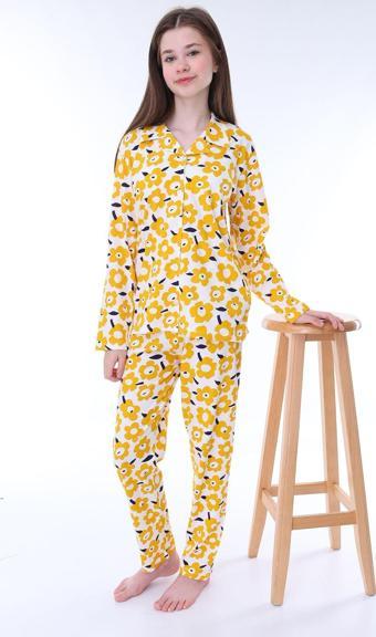Sarı Papatya Desenli Düğmeli %100 Pamuk Kız Çocuk Pijama Takımı