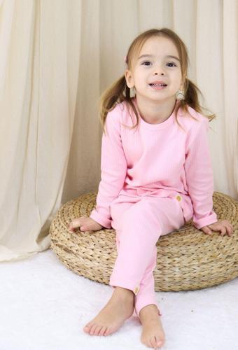 Basic Fitilli İnterlok Kumaş %100 Pamuk 1-5 Yaş Pembe Bebek Pijama Takımı