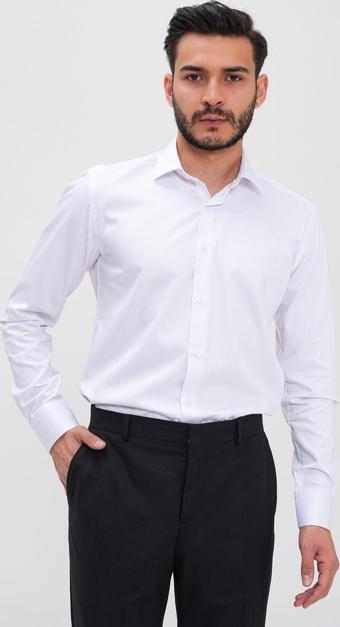 Basics&More Erkek Düz Dokulu Regular Uzun Kollu Gömlek Beyaz 2XL