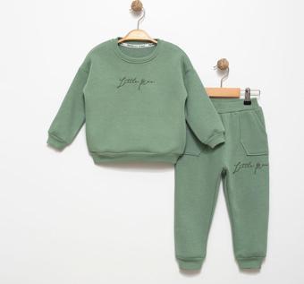 Favo Kids Erkek Çocuk Sweatshirt Jogger Takım Little Man Nakışlı 2-3-4-5 Yaş Pamuklu Şardonlu 3 İp Fv-15917 Yeşil 4 Yaş