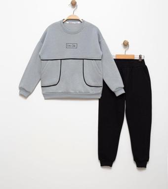 Favo Kids Erkek Çocuk 6-7-8-9 Yaş Pamuklu Şardonlu 3 İp Sweatshirt Jogger Takım I'M Ok Baskılı Gri 8 Yaş