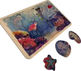 Deniz Yaşamı, Ahşap Çocuk Puzzle, Yapboz, Renkli Deniz Yapboz, Ahşap Puzzle, 6 Parça
