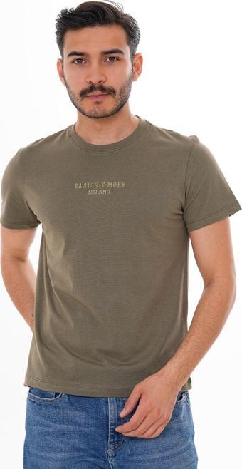 Basics&More Erkek %100 Pamuklu Haki Nakış Detaylı Bisiklet Yaka Tişört Haki 2XL