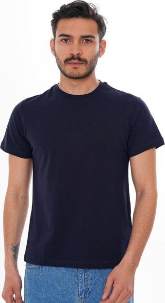 Basics&More Erkek %100 Pamuklu Lacivert Bisiklet Yaka Tişört Lacivert M