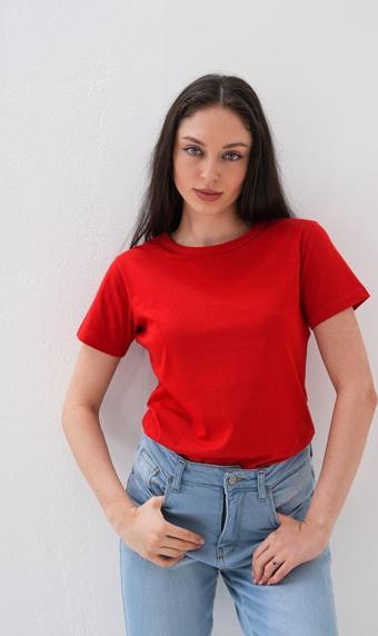 Basics&More 5'Li Basic T-Shirt-Kırmızı-Pembe-Mavi-Bej-Mint Kırmızı L