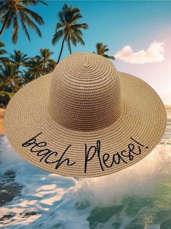Kadın Beach Please Nakış İşlemeli Hasır Şapka