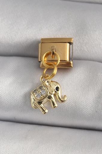 Gold Renk Sallantı Zirkon Taşlı Fil Model Nomination Charm - EBJ250113W30417