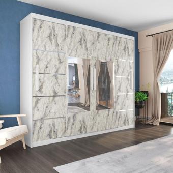 Sürgülü Gardırop Dört Kapaklı Aynalı 280/230 Cm (PARLAK BEYAZ FREZYA) Rengi
