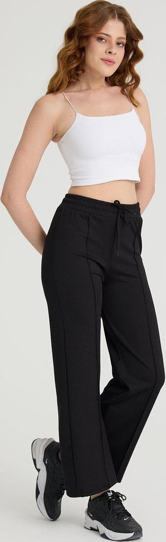Banega Kadın Siyah Nervürlü Beli Lastikli Fitilli Tayt Eşofman Altı Bootcut