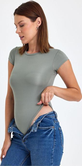 Banega Kadın Haki Bisiklet Yaka Viskon Çıtçıtlı Zıbın Body