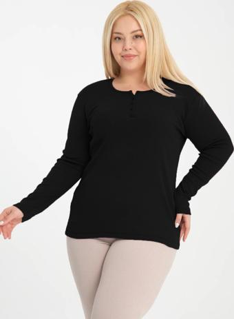 Banega Curve Büyük Beden Pamuklu Likralı Bisiklet Yaka Düğme Detaylı Basic Düz Siyah Bluz